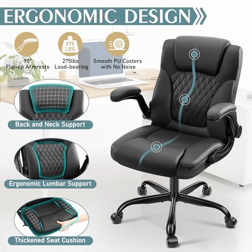 Leather Office Chair, PU Home Computer Desk Chairs with Ergonomic Back Support, 360°Swivel Free,Small Gmaing Chair with Wheels and Adjustable Armrests, for Short People Use, Black