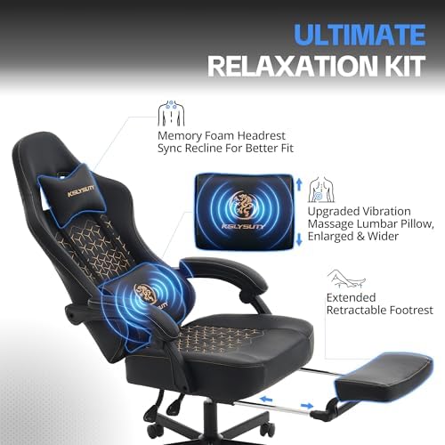 Desk Computer Gaming Chair - Ergonomic Game Office Chair with Extended Footrest and Massage Lumbar Support, Home Gamer Video Game Chairs with Spring Cushion for Adults (Pro Black Leather)