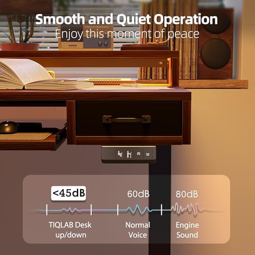 TIQLAB Standing Desk with Two Drawers, Stand Up Standing Desk Adjustable Height, Electric Sit Stand Table with Storage Shelf and Splice Board, with LED Light, 55 * 28 inch, Black Walnut