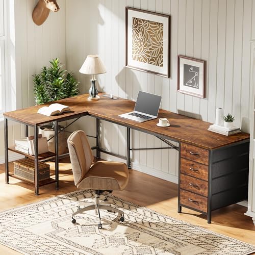 Huuger 63 Inch L Shaped Desk with Fabric Drawers, Computer Office Desk with Power Outlets and USB-C Port, Corner Desk with Storage Shelves, Work Study Home Office, Reversible, Rustic Brown