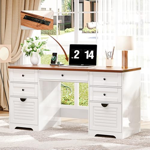 Ieejdn 59" Home Office Desks, Executive Desk, Farmhouse Computer Desk with 7 Drawers and Charging Station, File Drawer, Rustic Computer Writing Desk,Antique Cream