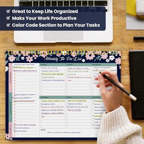 Weekly To Do List Notepad with 52 Undated Sheets(8.5"×11")- Undated Weekly Planner Notepad for Office Desk Accessories and Supplies - Navy Blossom