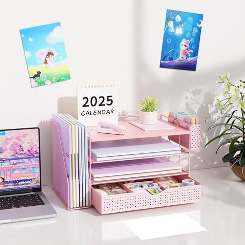 Wood Desk Organizers and Accessories with File Holder, 4-Tier Desk Accessories & Workspace Organizers with Drawer and Pen Holder, Desk Reference Organizer (Pink, 4T with Drawer)
