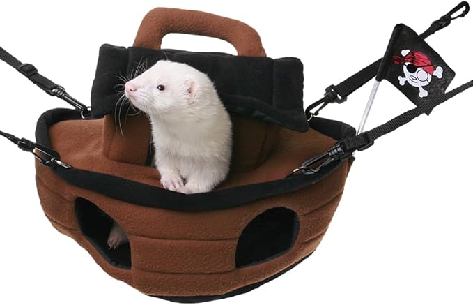 Marshall Pirate Ship for Ferrets – Playful Pirate – Themed Hanging & Floor Cage Accessory – Multiple Entry Points and Flag – Cozy Resting and Exploration Spot