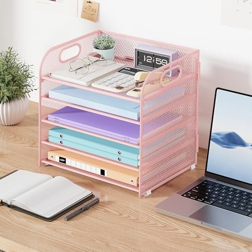 Cawukege 2 Pack 5 Tier Paper Organizer, Letter Tray with Handle, Mesh Desk Organizer, Metal File Organizer, Office Desk Accessories for Home, Office, Classroom, School (Pink, 2)