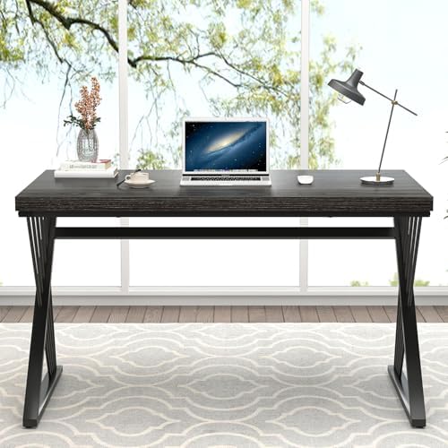 FOLUBAN Modern Home Office Desks, Rustic Wood and Metal Computer Desk, Industrial Writing Study Gaming Table for Living Room Bedroom, Dark Gray, 47 Inch