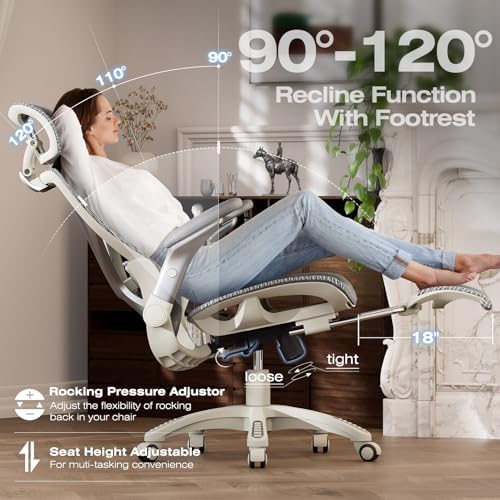 ELABEST X100 Ergonomic Mesh Office Chair with Footrest, Big and Tall Home Desk Chair with 5D Flip-Up Arms, Adjustable 3D Lumbar Support, Gaming & Executive Computer Chair (First Light)