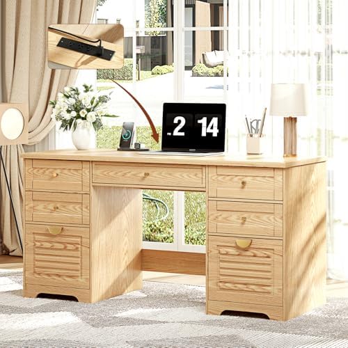 Ieejdn 59" Home Office Desks, Executive Desk, Farmhouse Computer Desk with 7 Drawers and Charging Station, File Drawer, Rustic Computer Writing Desk,Antique Wood