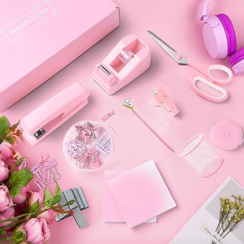 Pink Desk Accessories, Pink Office Supplies, Stapler, Staple Remover, Tape Holder, Pen Holder, Ballpoint Pen, Scissor, Binder Clips, Paper Clips and 1000pcs Staples.