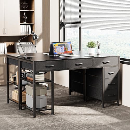 Huuger Computer Desk with 6 Drawers, Office Desk with Shelves, Reversible Gaming Desk, Corner Desk with Storage, Work for Home Office, Study, Living Room, 47inch, Black
