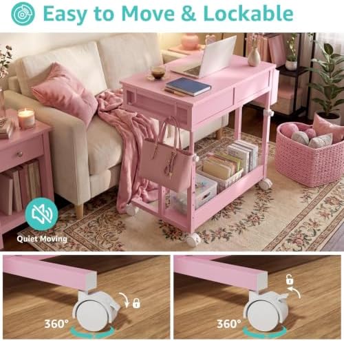 Pink Rolling Desk with Drawers, Small Height Adjustable Girls Standing Desk