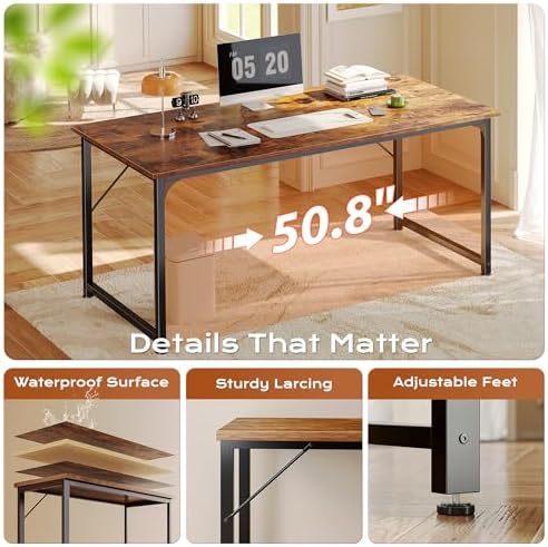PRAISUN 55 X 24 Inch Computer Desk with Deeper Desktop, Gaming Office Writing Work Desk for Home Office, Study, Bedroom, Work from Home, Metal Frame, Rustic Brown