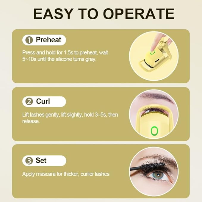 Heated Eyelash Curler, Fast 5s Heat up, 24 Hours Long Lasting, Rechargeable Electric Lash Curler, Temperature Control, Safe Anti-Burn Eye Lash Curler, Quick Natural Curling Lashes (Yellow)