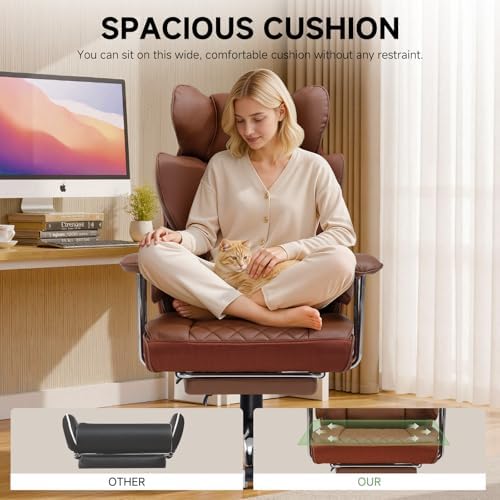 COMHOMA Big and Tall Office Chair, High Back Leather Gaming Chair with Footrest, Executive Ergonomic Office Chairs with Pocket Spring Lumbar Support and with Outward Fixed Soft Armrests
