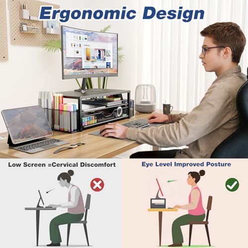 OPNICE Desk Organizer and Accessories, 2-Tier Computer Monitor Stand Riser with Drawer and 2 Pen Holders, Laptop Stand, Office Desk Accessories for Office Supplies, Pink