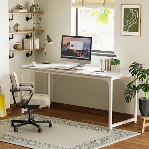 Huuger Computer Desk, 70 Inch Office Desk, Gaming Desk with Storage, Writing Desk Work Desk for Home Office, Study, Long Simple Desk, Large Legroom, Metal Frame, White