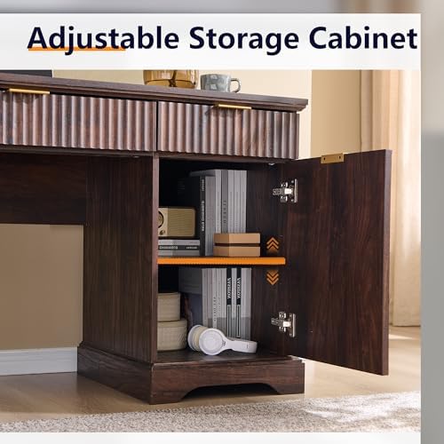 58" Modern Wood Executive Desk with 5 Drawers & 1 Cabinet, Built‑in Outlet