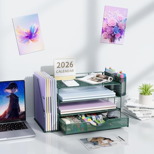 gianotter 4-Tier Desk Organizer with Drawers, File Holders, Letter Trays and Pen Holders - Workspace Accessories for Office Supplies (Green)