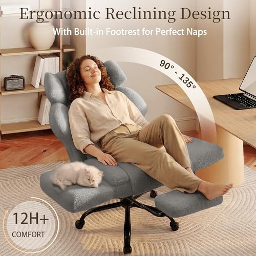 Office Chair with Flip Armrests,Comfy Criss Cross Chair for Pets Sitting,Big and Tall Office Chair with Foot Rest,Extra Wide Seat & Lumbar Pillow,Ergonomic Computer Gaming Chair,Teddy Fleece,Grey