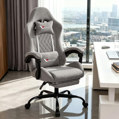 Fabric Gaming Chair for Adults, Ergonomic Computer Office Desk Chair with Footrest,Pocket Spring Cushion, Reclining High Back Silla Gamer for Home Office, Light Grey