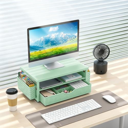 gianotter Desk Organizers and Accessories, Monitor Stand with Drawer and 2 Pen Holder, Desktop Organizer Suitable for Offices and Dormitories (Sage Green)