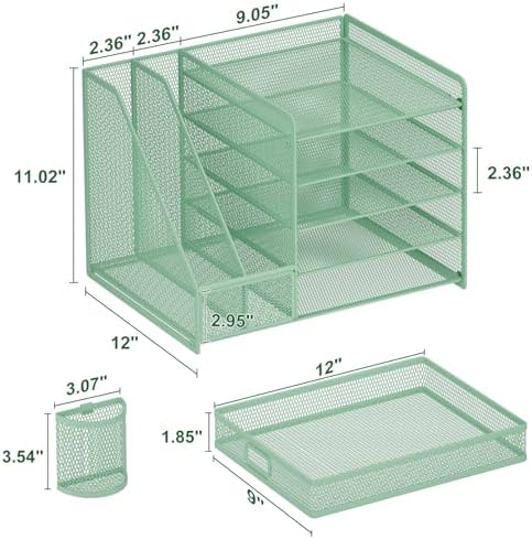 Marbrasse Desk Organizer with File Holder, 5-Tier Paper Letter Tray Organizer with Drawer and 2 Pen Holder, Mesh Desktop Organizer and Storage with Magazine Holder for Office Supplies (Green)
