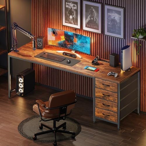 PRAISUN 63 Inch Computer Office Desk with Power Outelts and USB-C Port, Reversible Gaming Desk with 4 Fabric Drawers, Work Study Desk Work from Home, Rustic Brown