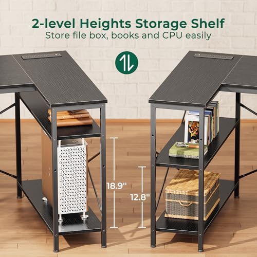 Huuger L Shaped Office Desk with Power Outlets & 3 Drawers