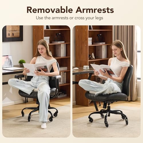 YFO Home Office Desk Chair Office Rubber Casters Ergonomic Computer Chair with Lumbar Support Adjustable Height Rolling Swivel Executive Task Armrests Chair๏ผ Black PU