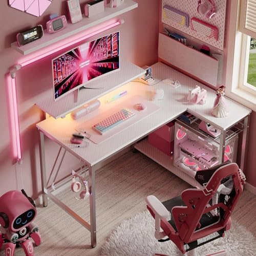 Bestier 42-Inch L-Shaped Computer Desk with Charging & LED, White