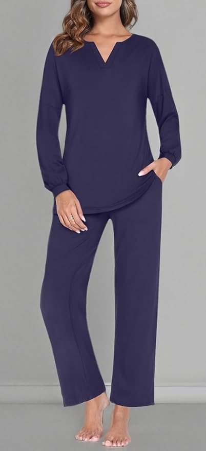 Anyally Women's Plus Size Pajama Sets Ladies Fall Pjs 2 Pieces Lounge Outfits V Neck Long Sleeves Sleepwear with Pockets