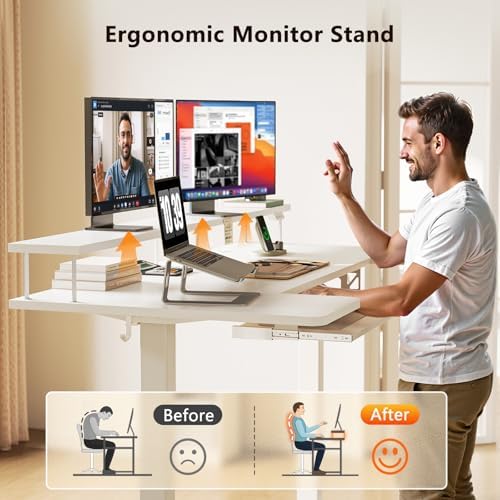 OffiGo 55 Inch U Shaped Electric Standing Desk with Keyboard Tray, White