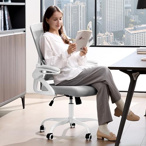 Ergonomic Office Chair,Mesh Office Chair with Lumbar Support,Mid Back Desk Chair with Flip-up Arms,400 lbs Comfy Computer Chair for Home Office (Off-White Gray)