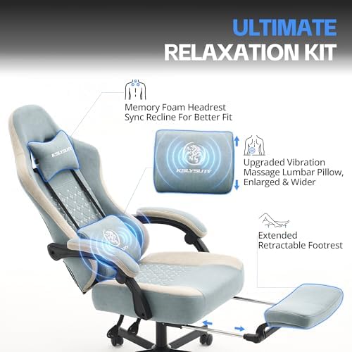 Desk Computer Gaming Chair - Ergonomic Game Office Chair with Extended Footrest and Massage Lumbar Support, Home Gamer Video Game Chairs with Spring Cushion for Adults (Pro Blue Fabric)