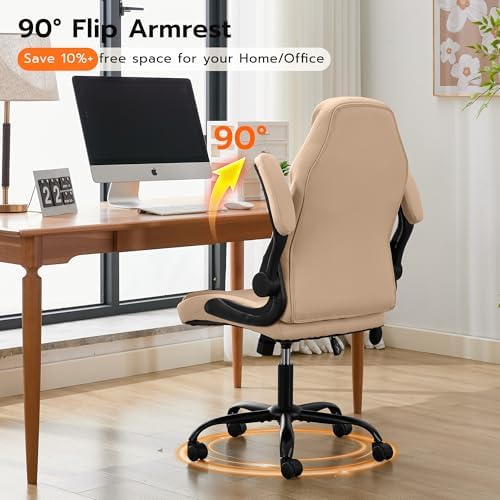 Ylzyxal Office Desk Chair, Ergonomic Computer Chair with Padded Flip-Up Arms and Adjustable Lumbar Support, PU Leather Executive Chair with Tilt Lock and 360° Swivel Rolling Wheels for Work, Study