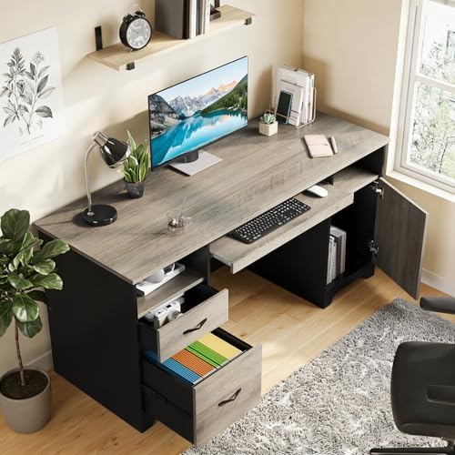 Bestier 59" Executive Desk, File Drawer, Keyboard Tray & 2 Drawers, Gray