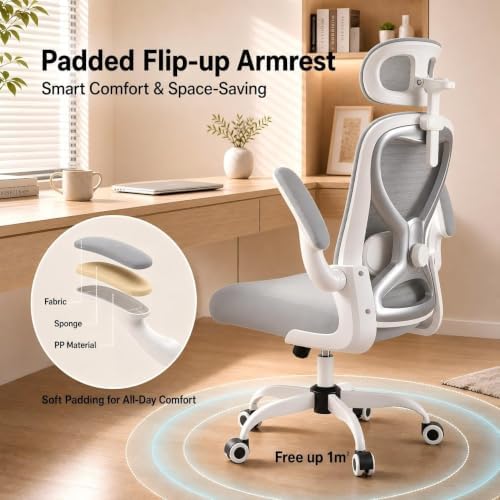Ergonomic Office Chair for Long Hours – Back & Neck Pain Relief, Virgin Foam Seat, 3D Adjustable Headrest, 2D Lumbar, Flip-Up Arms, Gray/Sliver