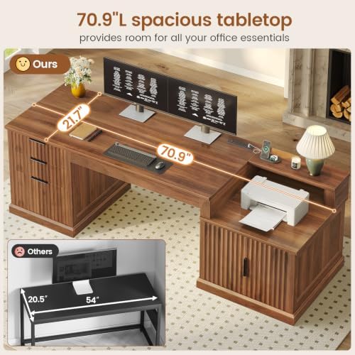 SEDETA 70.9" Executive Desk, Fluted Office Desk with Drawers, Fluted Brown
