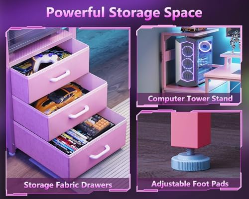 AODK 59 Inch Gaming Desk with USB Charging Ports & LED Light- Reversible Computer Desk with Storage Shelves & Monitor Stand, Modern Gamer Desk Table with Fabric Drawers, Pink