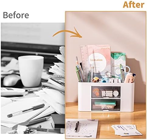 Marbrasse Pen Organizer with 2 Drawer, Multi-Functional Pencil Holder for Desk, Desk Organizers and Accessories with 5 Compartments + Drawer for Office Art Supplies (White)