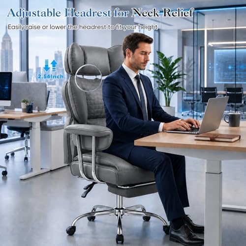 Big and Tall Office Chair 350 LBS, Scratch-Resistant PU Leather Executive Office Desk Chair with Footrest, Ergonomic Reclining Computer Chair with Pocket Spring Support for Home Office, Grey