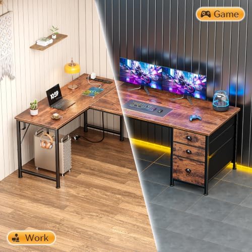 Furologee 55" L Shaped Desk with Power Outlets & USB-C Port, Reversible Corner Office Desk with File Drawers, Work Study Gaming Table for Home Office, Dorm, Rustic Brown