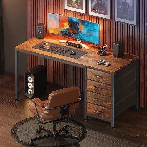 PRAISUN 47.2 Inch Computer Office Desk with Power Outelts and USB-C Port, Reversible Gaming Desk with 4 Fabric Drawers, Work Study Desk Work from Home, Rustic Brown