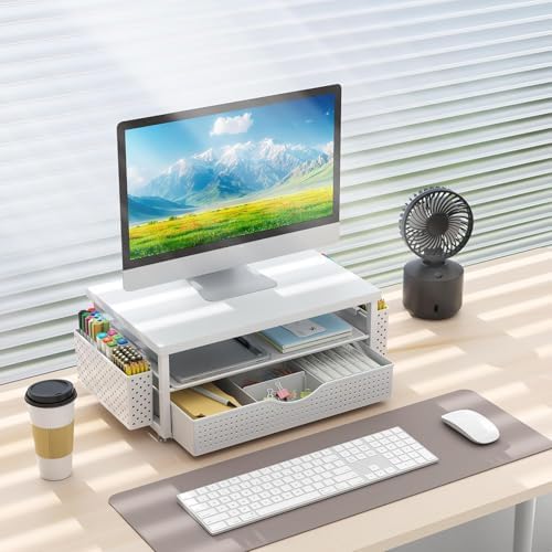 gianotter Desk Organizers and Accessories, Monitor Stand with Drawer and 2 Pen Holder, Desktop Organizer Suitable for Offices and Dormitories (Matte White)