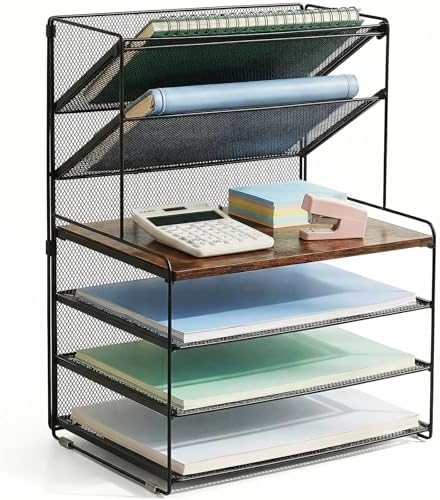 OPNICE Desk Organizer, 6-Tier Paper Organizer Letter Tray, Brown Wood
