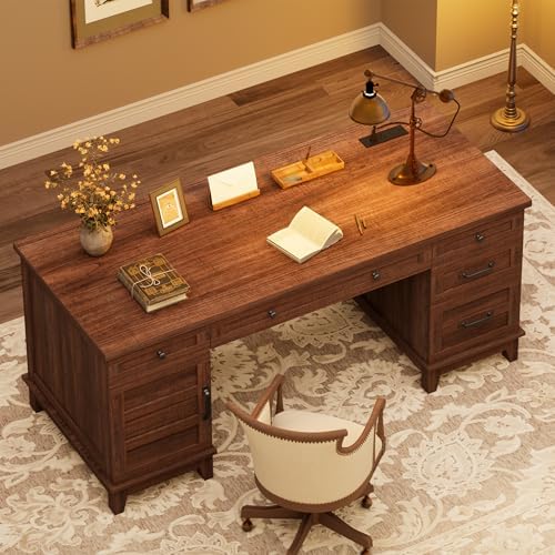 IDEALHOUSE 60" Farmhouse Wooden Home Office Executive Desk with Drawers