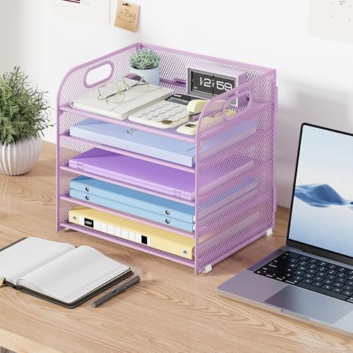 Cawukege 2 Pack 5 Tier Paper Organizer, Letter Tray with Handle, Mesh Desk Organizer, Metal File Organizer, Office Desk Accessories for Home, Office, Classroom, School -Purple