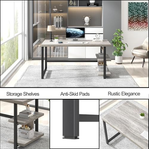 FOLUBAN Computer Desk, Modern Home Office Desk with Shelves, Wood Writing Study Gaming Table for Living Room Bedroom, Light Grey, 53 inch