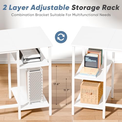 DUMOS 62” L Shaped Desk with Drawers and Power Outlet, White