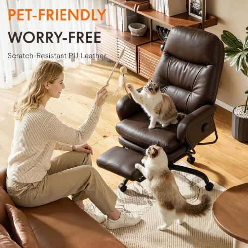 FLEXISPOT Multi-Task Ergonomic Office Chair with Footrest Computer Desk Chairs Indoor Lounge Chair with 90-165° 4-Level Reclining, Chairs for Working Relaxing Sleeping, PU Leather, Brown, Basic Back